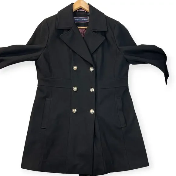 Tommy Hilfiger Womens Peacoat Wool Blend Sailor Coat Double Breast Lined Blk XL - Picture 16 of 16